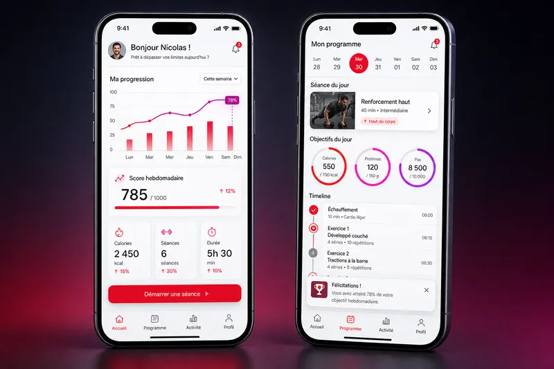 Écrans d'une application mobile de coaching personnalisée par IA