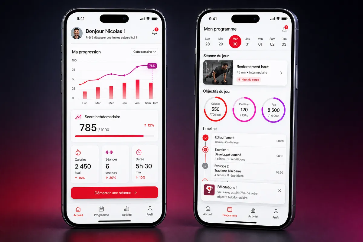 Écrans d'une application mobile de coaching personnalisée par IA
