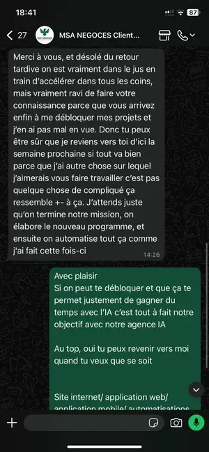 Capture d'écran d'un avis client transmis par WhatsApp (1)