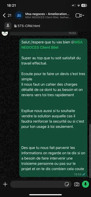 Capture d'écran d'un avis client transmis par WhatsApp (2)