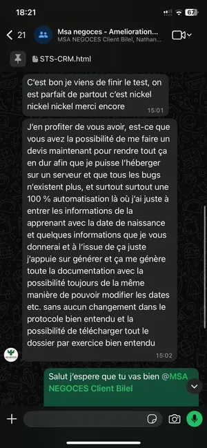 Capture d'écran d'un avis client transmis par WhatsApp (3)