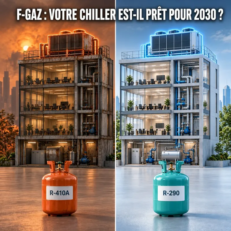 Visuel illustrant la transition réglementaire F-Gaz 2030 vers des fluides frigorigènes à faible potentiel de réchauffement global