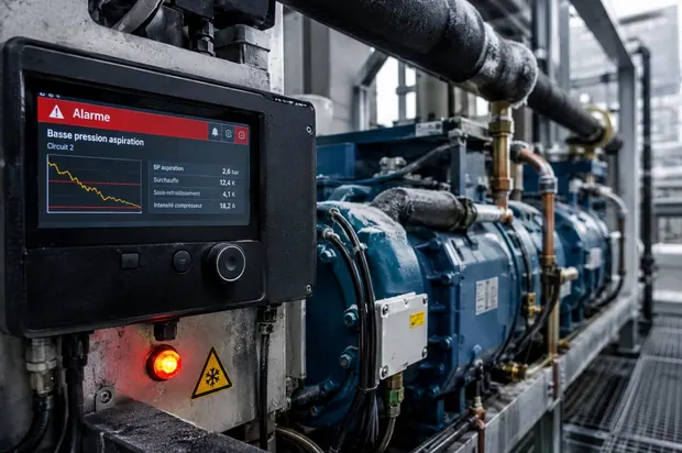 Écran de supervision affichant une alarme de basse pression d'aspiration sur le circuit 2 d'une centrale frigorifique, avec courbe de dérive