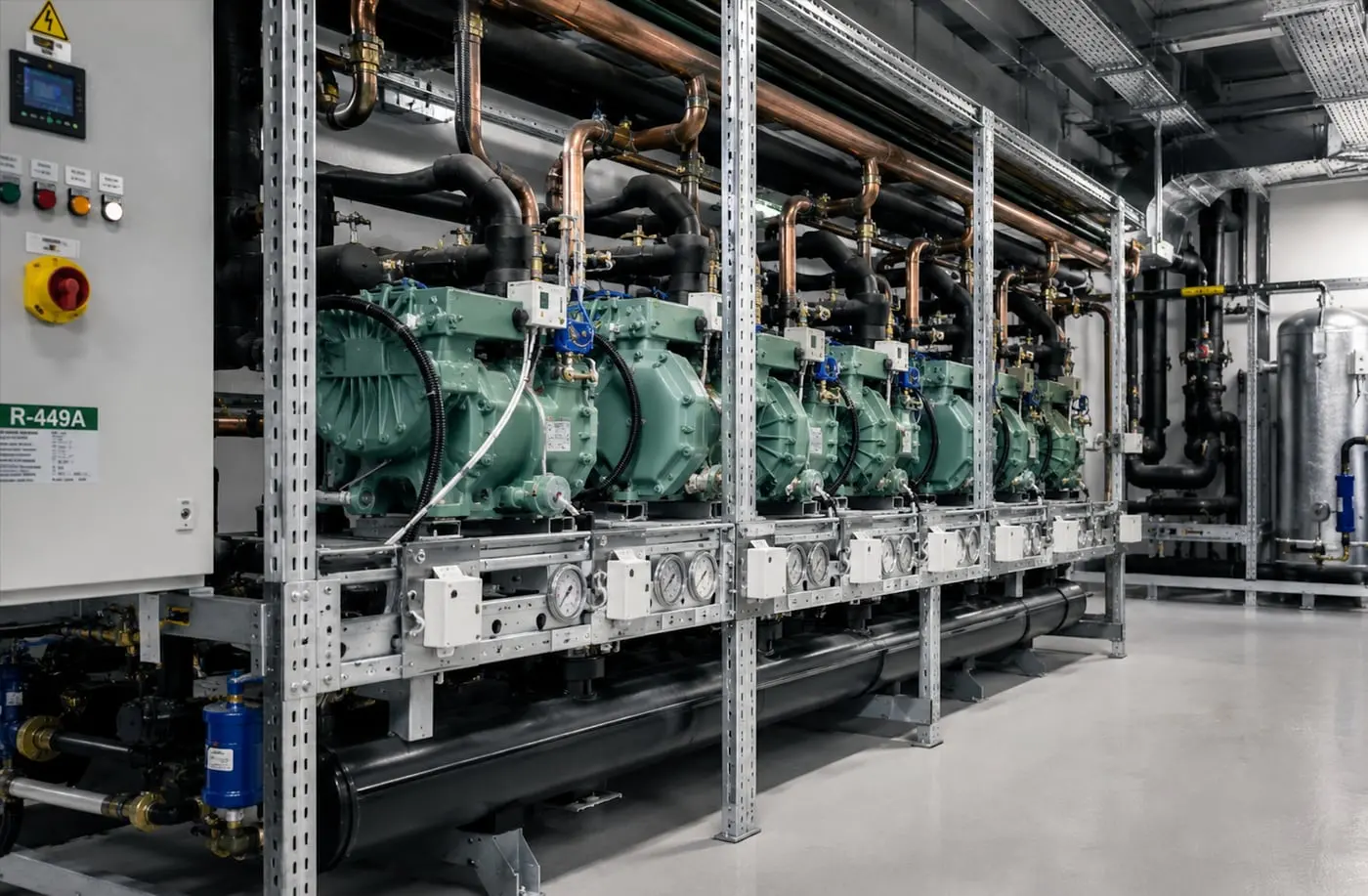 Centrale frigorifique multi-compresseurs au fluide R-449A alignée en salle des machines d'un site de froid commercial