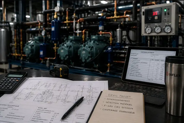 Poste de chiffrage d'une installation frigorifique : plans, schéma de principe, tablette et notes de dimensionnement devant une centrale de compresseurs