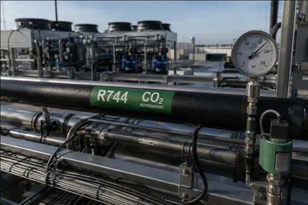 Conduites de CO2 R744 et manomètre haute pression sur une installation frigorifique en toiture
