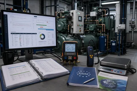 Tableau de bord de conformité F-Gas généré automatiquement, posé à côté d'un manifold, d'un détecteur de fuite et d'une balance de charge