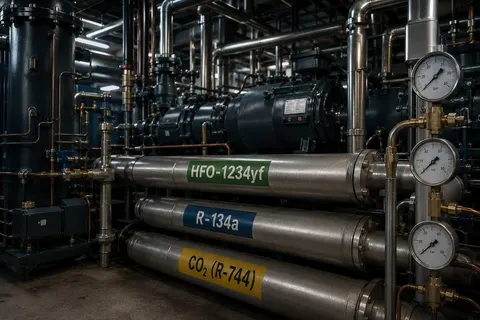 Conduites de fluides frigorigènes étiquetées HFO-1234yf, R-134a et CO2 R-744 dans une salle des machines