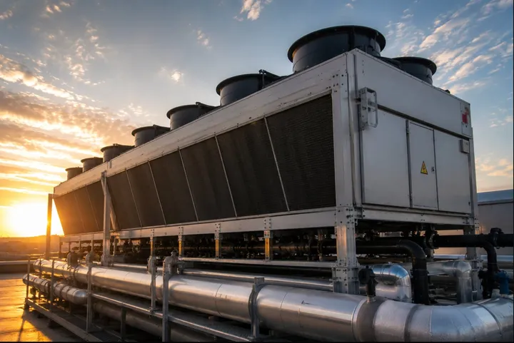 Groupe frigorifique de froid commercial installé en toiture, condenseurs à air et conduites frigorifiques au lever du soleil
