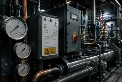 Plaque signalétique F-Gas d'une installation frigorifique indiquant le fluide R134a, son GWP, la charge en kilogrammes et l'équivalent CO2