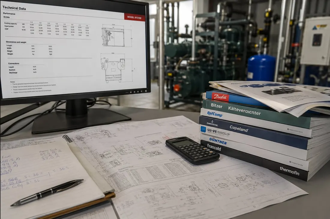 Écran affichant les données techniques d'un compresseur frigorifique à côté de catalogues fabricants Danfoss, Bitzer, Copeland et Güntner