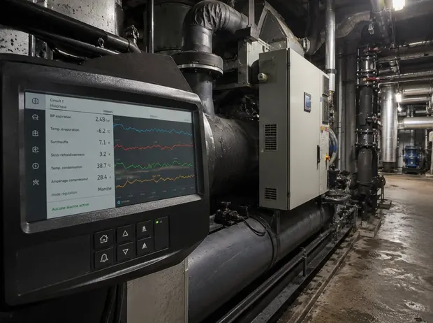 Interface de supervision temps réel d'une installation frigorifique affichant les courbes de surchauffe, sous-refroidissement et température de condensation