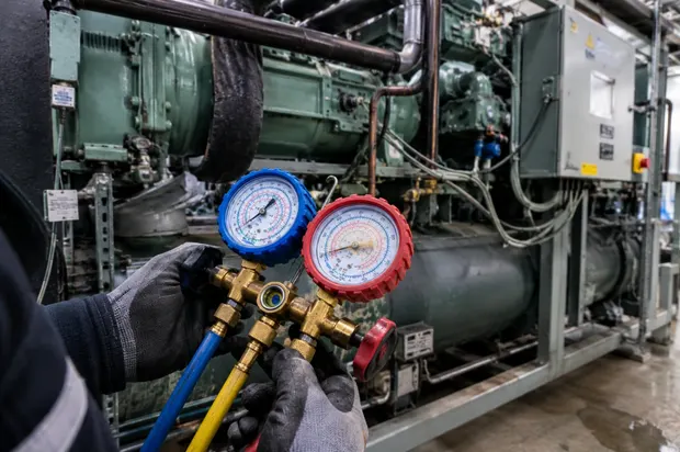 Technicien frigoriste contrôlant les pressions d'une centrale frigorifique à l'aide d'un manifold sur une installation de froid commercial