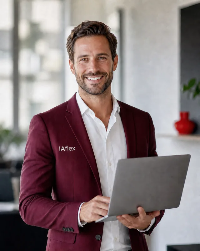 Fondateur d'IAFLEX, agence d'automatisation IA et n8n, souriant avec un ordinateur portable