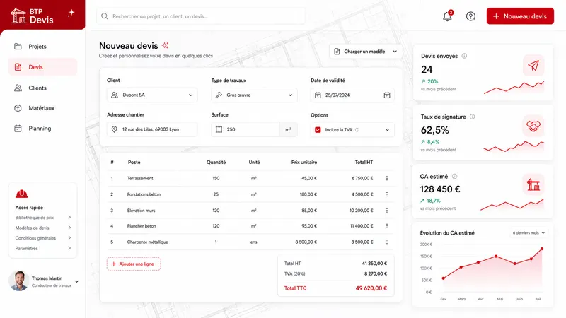 Interface d'un SaaS de génération de devis assistée par IA